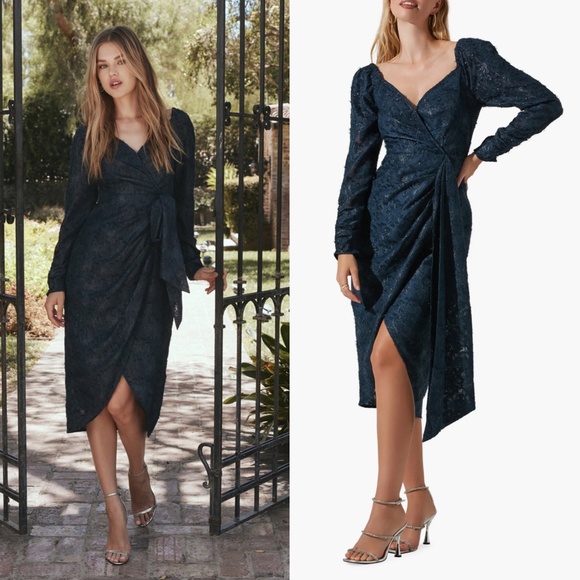 NEW ASTR Label NAVY Terese METALLIC Floral LONG SLEEVE Cocktail MIDI DRESS XS - Picture 1 of 16